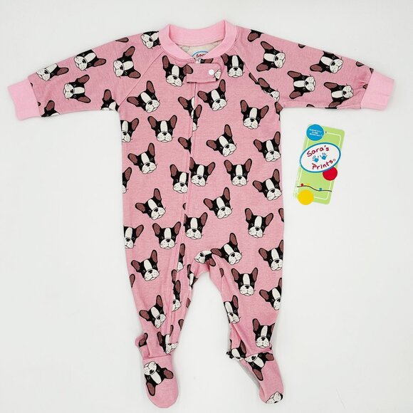 NWT Sara's Prints Baby Girl Pink Frenchie Footed Pajama Size 6M - Picture 1 of 6
